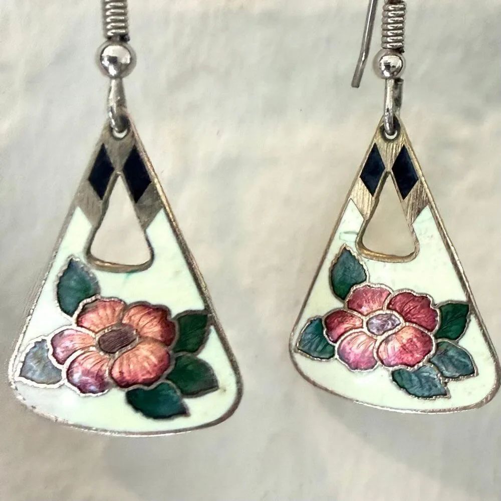 Vintage Cloisonné Floral Dangle Earrings